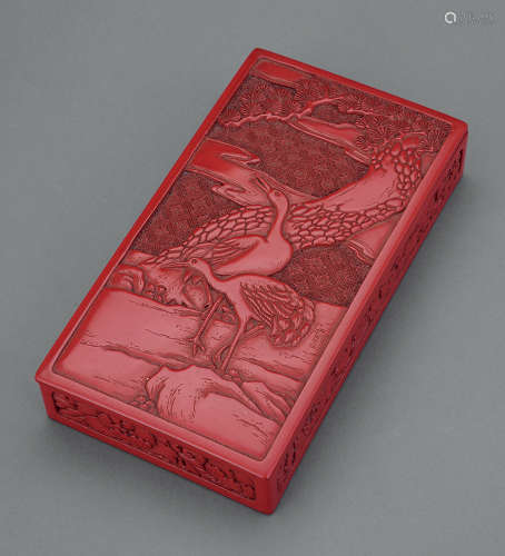 明治时期 剔红松鹤图盒