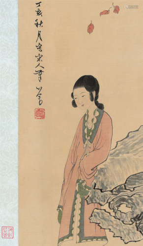 溥儒（1896～1963） 丁亥（1947）年作 倚石仕女 立轴 设色绢本