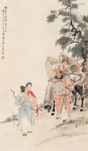 倪田（1855～1919） 戊申（1908）年作 风尘三侠 立轴 设色纸本