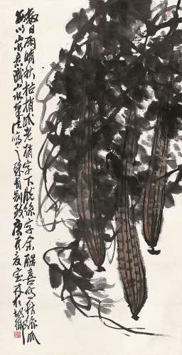 姜宝林（b.1942） 庚辰（2000）年作 秋意丝瓜 立轴 设色纸本