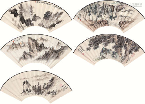 陈思萱（1902～1986）  王青之（1918～1997）  潘季华（b.1917）等 扇面五品 无骨成扇 设色纸本