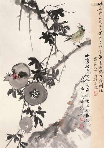 张辛稼（1909～1991） 戊午（1978）年作 石榴小鸟 立轴 设色纸本