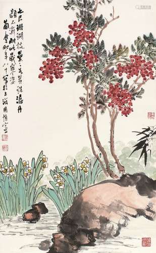 曹简楼（1913～2005） 岁寒三清 立轴 设色纸本