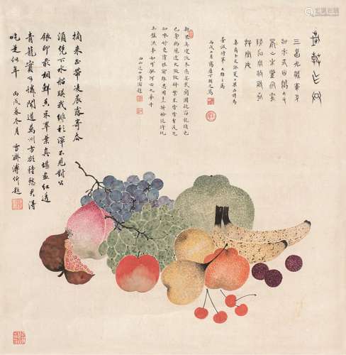 丁辅之（1879～1949） 丙戌（1946）年作 夏日果品 镜片 设色纸本