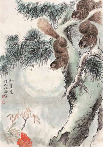 陈摩（1886～1945） 松鼠 镜片 设色纸本