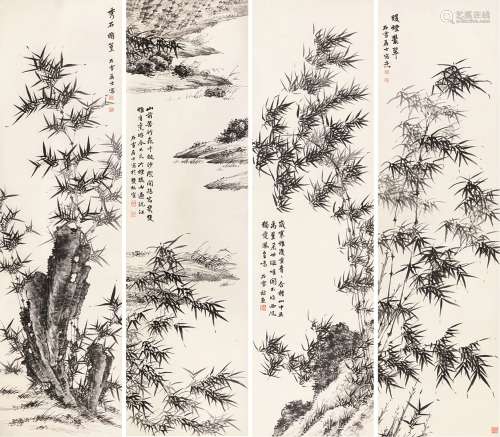 徐宗浩（1880～1957） 竹石图 四屏 立轴 水墨纸本