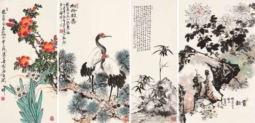 许继善（b.1927）  詹瀛生（b.1925）  朱瑚（#） 花卉 素影 （四帧） 立轴 软片 镜片 设色纸本