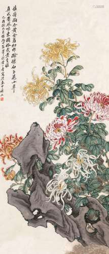 黄山寿（1855～1919） 己酉（1909）年作 菊石图 立轴 设色纸本