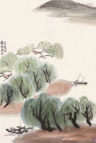 林曦明（b.1925） 甲子（1984）年作 渔村图 立轴 设色纸本