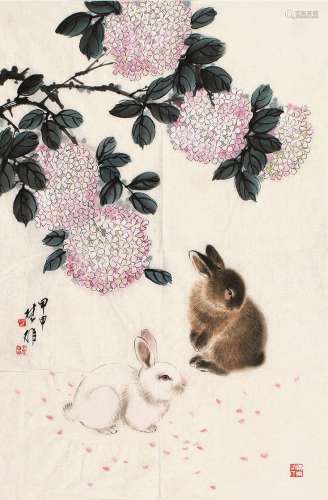 方楚雄（b.1950） 甲申（2004）年作 双兔图 镜片 设色纸本