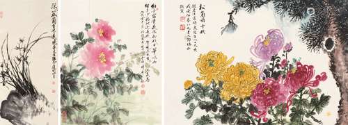 陈复明（#）  陈谊君（#）  邓端和（1911～2006） 深山幽兰 牡丹 松菊颂千秋 立轴 横批 水墨纸本