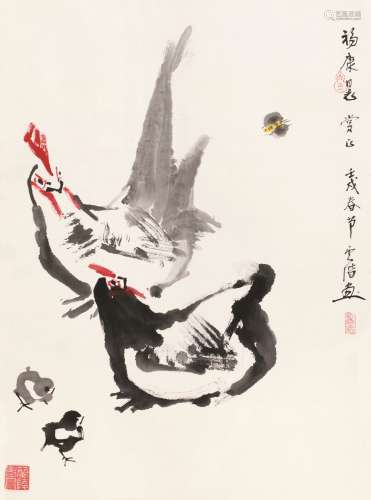 俞云阶（1917～1992） 壬戌（1982）年作 双吉图 立轴 设色纸本