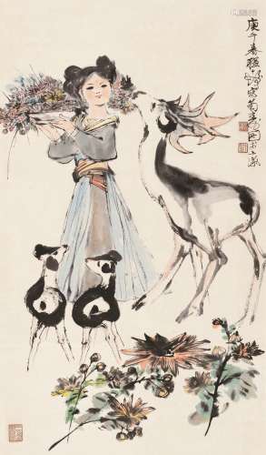 程十发（1921～2007） 庚午（1990）年作 菊寿图 立轴 设色纸本