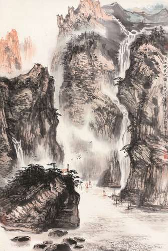 萧平（b.1942） 壬戌（1982）年作 峡江晓色图 立轴 设色纸本