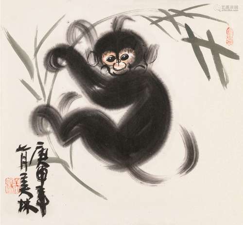 韩美林（b.1936） 庚申（1980）年作 美猴图 镜片 设色纸本