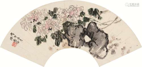 陈师曾（1876～1923） 戊午（1918）年作 菊石图 扇面 设色纸本