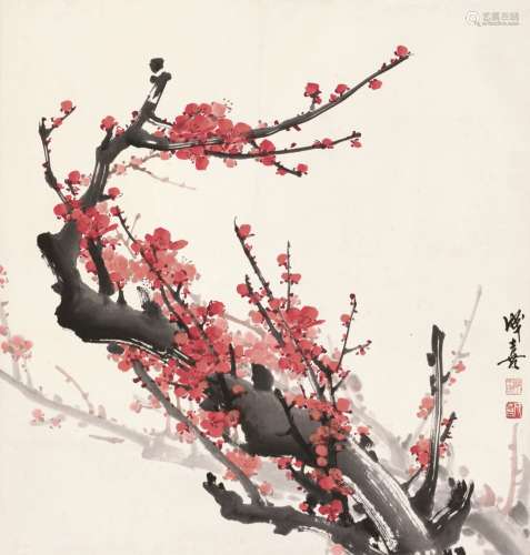 王成喜（b.1940） 红梅迎春 立轴 设色纸本