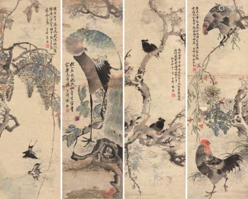 张熊（1803～1886） 癸未（1883）年作 花鸟 四屏 立轴 设色纸本