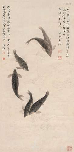 张开勋（1905～1994） 丁亥（1947）年作 鱼乐图 立轴 设色纸本