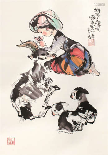 程十发（1921～2007） 1987年作 三羊开泰 立轴 设色纸本