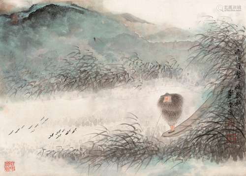 郑午昌（1894～1952） 雨过雁声帆影斜 镜片 设色纸本