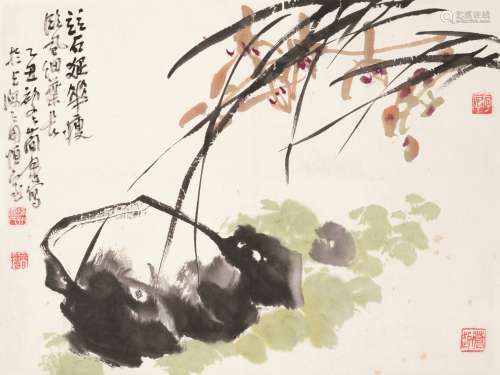曹简楼（1913～2005） 乙丑（1985）年作 兰石图 立轴 设色纸本