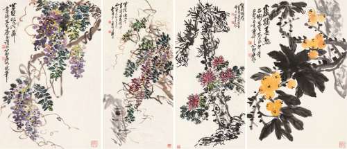 王公助（1923～2007）  曹用平（b.1922） 花卉 （四帧） 立轴 软片 设色纸本