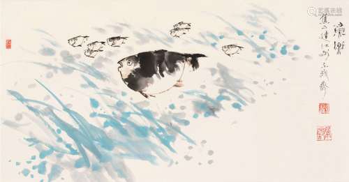 蕉雨（1920～1989）  刘达江（b.1928） 鱼乐 镜片 设色纸本