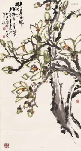 曹简楼（1913～2005） 辛未（1991）年作 玉兰 立轴 设色纸本