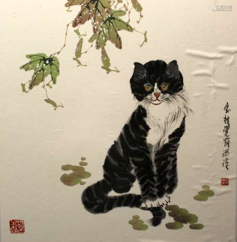 Chinese water color painting of cat on paper, signed