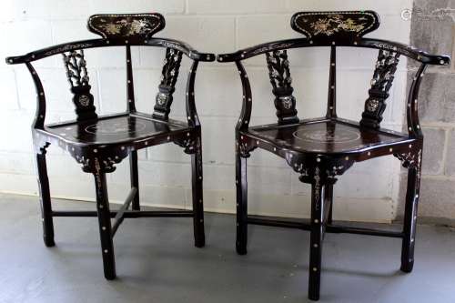 Pair Chinese rosewood arm chairs with mother of pearl