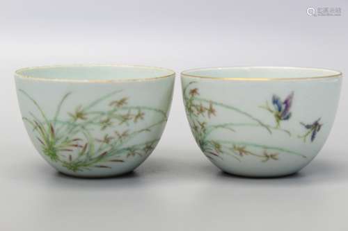 Pair Chinese famille rose porcelain cups, Kangxi mark.