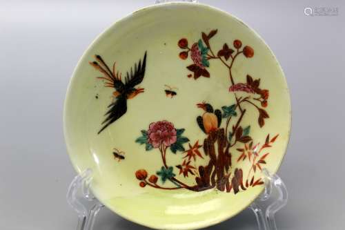 Chinese famille rose on yellow glaze porcelain saucer, 18th Century.