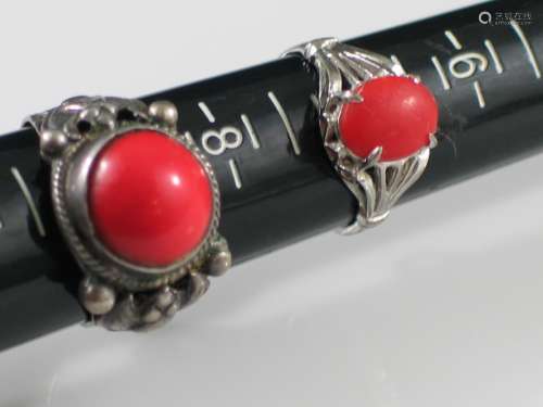Two Chinese Sterling and Red Coral Rings
