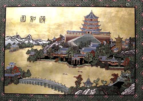 Chinese carved wood panel of the Summer Palace, framed.