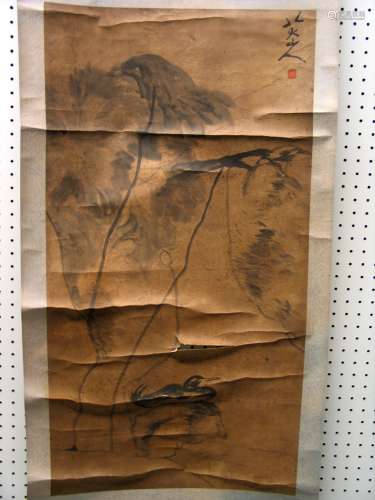 Chinese scroll of ink painting on paper.