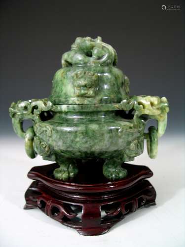 Chinese Carved Jade Incense Burner with Wood Stand