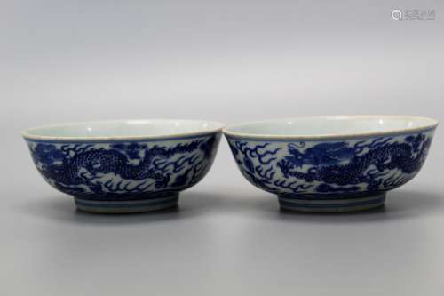 Pair Chinese blue and white porcelain bowls, Guangxu