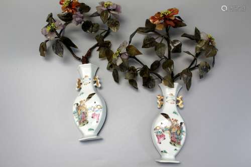 Pair of Chinese famille rose porcelain wall vases with stone flowers, 19th Century.