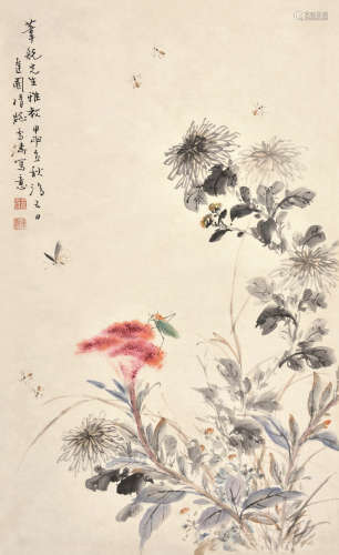 王雪涛 甲申（1944） 菊花草虫 设色纸本 托片