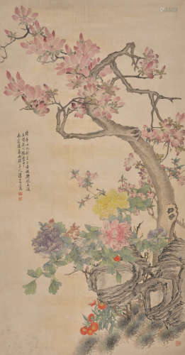 汤世树 辛丑（1901） 花卉 设色绢本 立轴