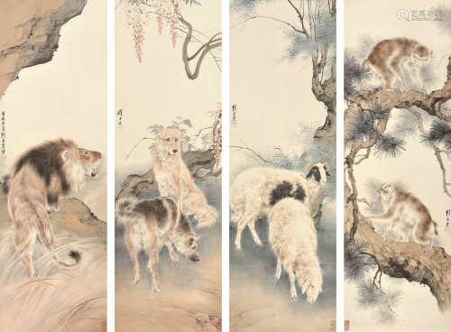 刘奎龄 丙戌（1946） 动物四条屏 设色纸本 镜心