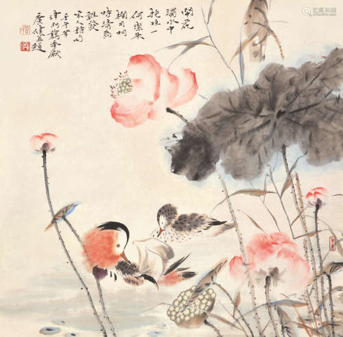 贾广健 壬午（2002） 荷花鸳鸯 设色纸本 托片