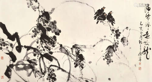 康宁 乙亥（1995） 葡萄小鸟 设色纸本 镜心