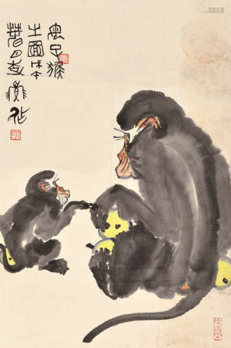 李燕 戊午（1978） 母子猴之图 设色纸本 软片