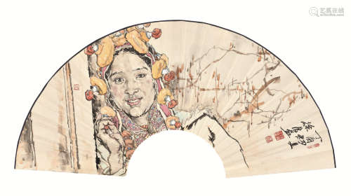 徐展 丁酉（2017) 藏女 设色纸本 扇面
