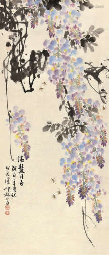 萧朗 辛酉（1981） 紫藤草虫 设色纸本 软片