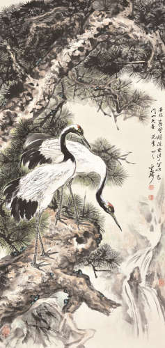 刘止庸 壬戌（1982） 鹤寿同春 设色纸本 立轴