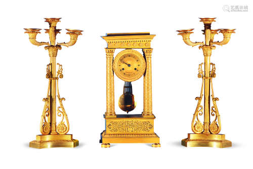 20世纪 铜鎏金烛台四柱摆钟 （三件）
