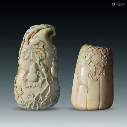 20世纪 象牙雕葫芦瓜人物盒 （两件）